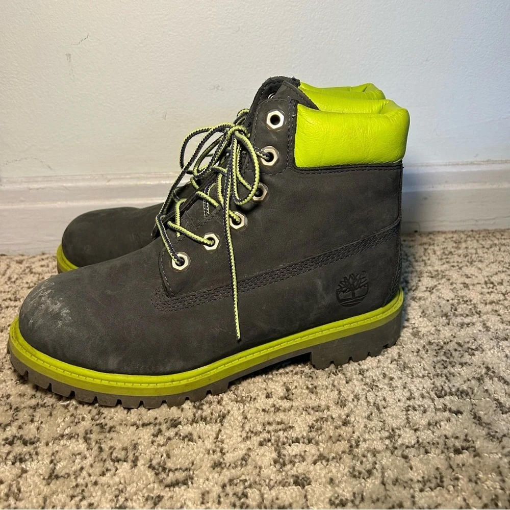 Timberland Green & Safety Grey Suede 6” Premium Waterproof Boots Size 4 Kids